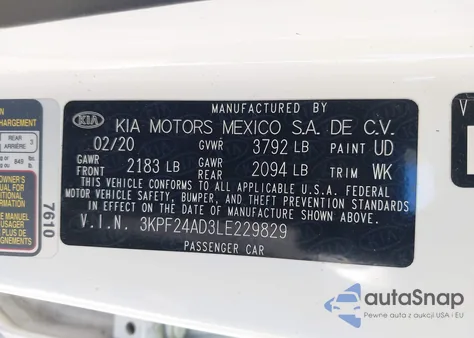 2020 Kia Forte Lxs from USA, damaged, VIN 3KPF24AD3LE229829